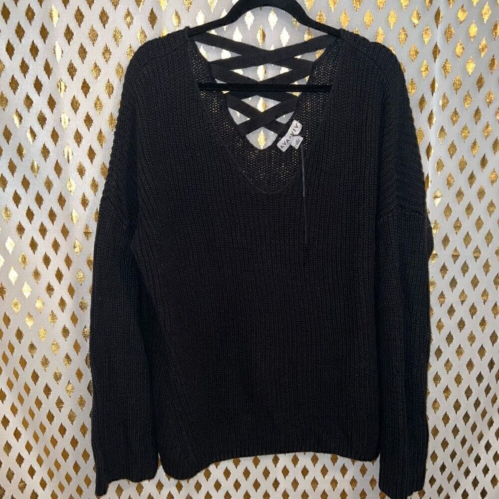 Ava & Viv Knit sweater V-Neck Black Sweater Criss Cross corset goth Details size